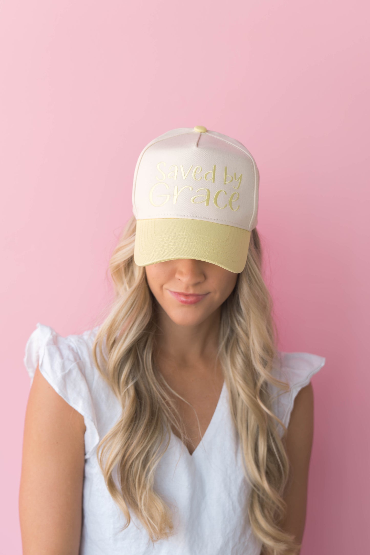 Saved by Grace butter yellow cap