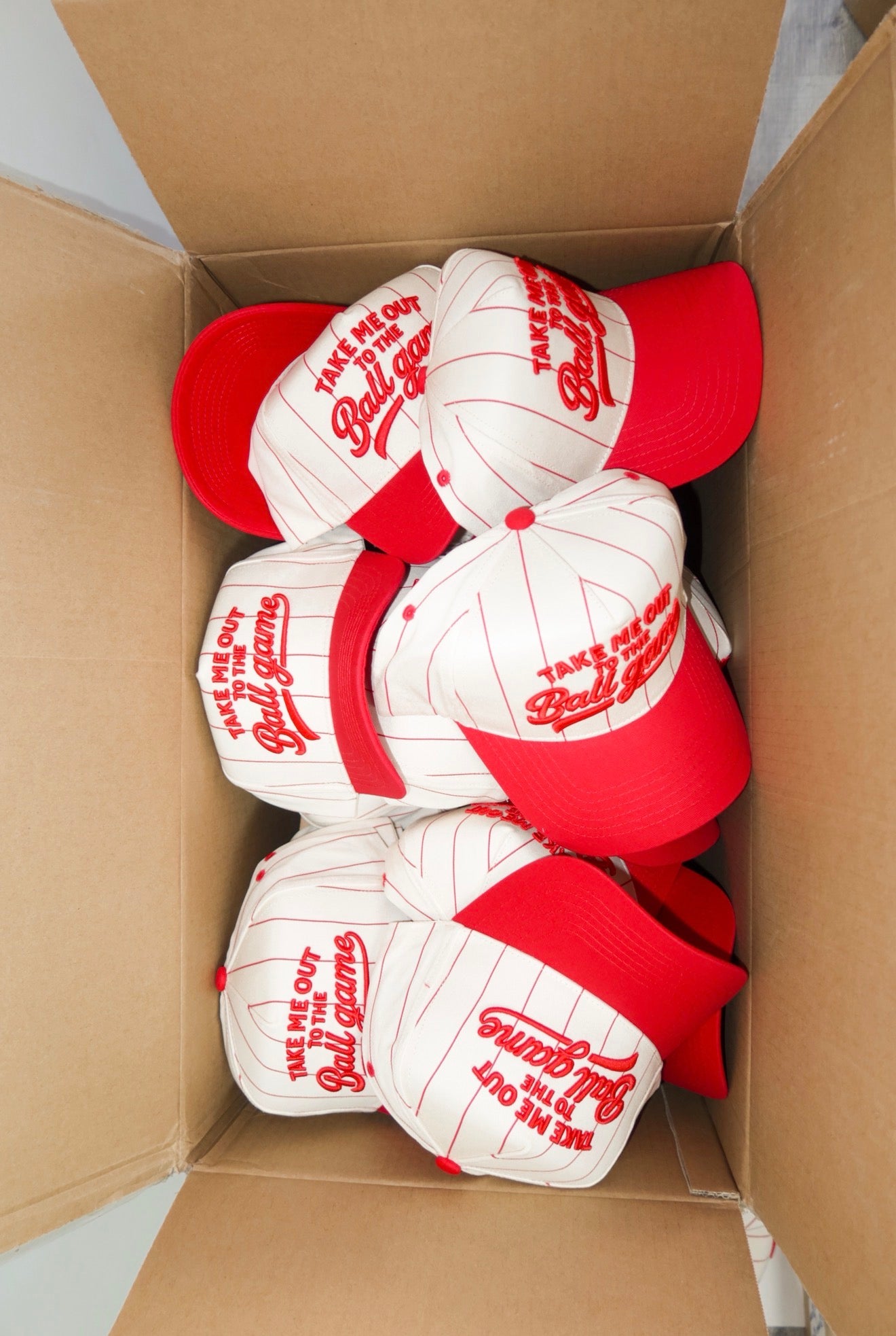 Take Me Out To the Ballgame Red Pinstripe Cap