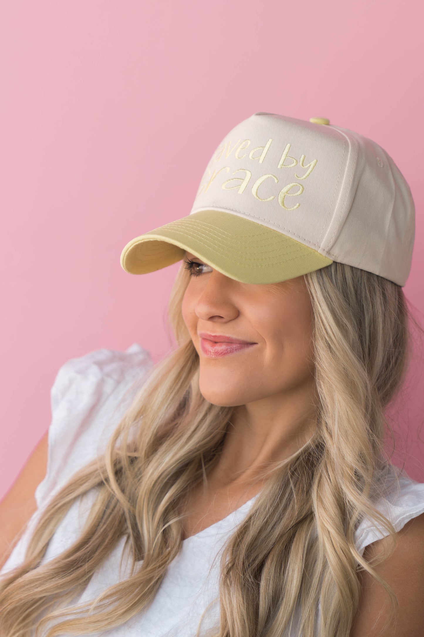 Saved by Grace butter yellow cap