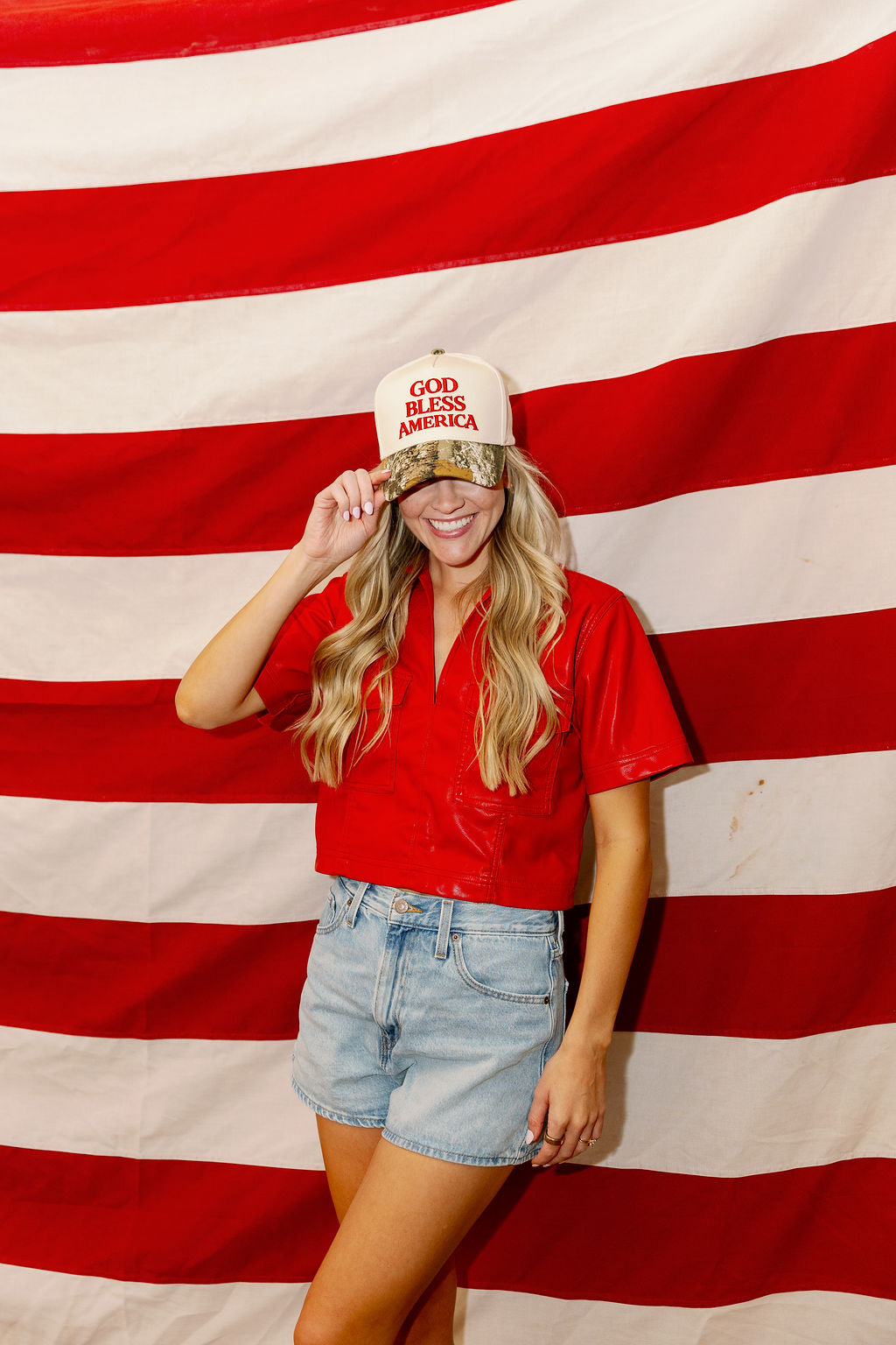 God Bless America Camo Hat RED & WHITE