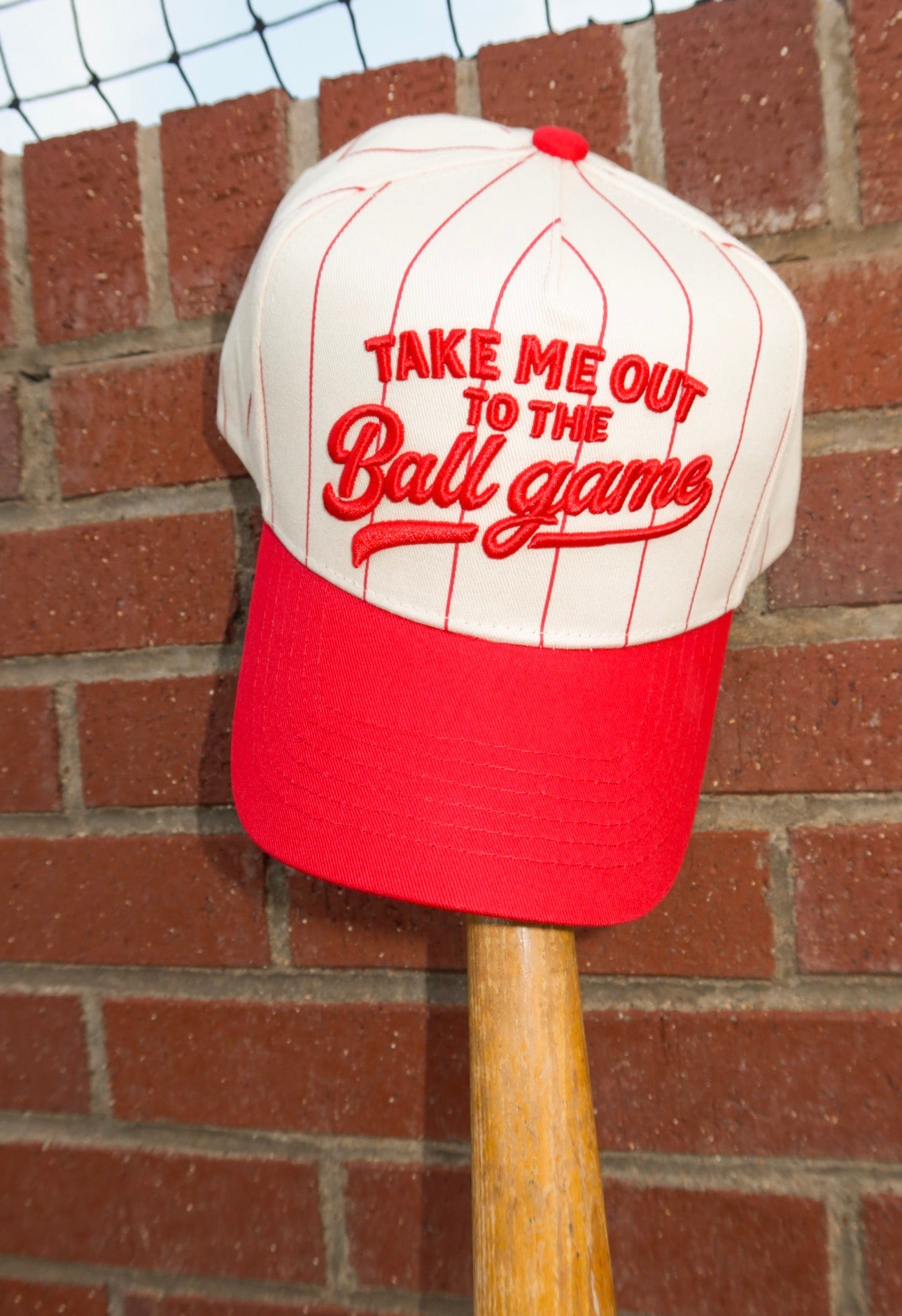 Take Me Out To the Ballgame Red Pinstripe Cap