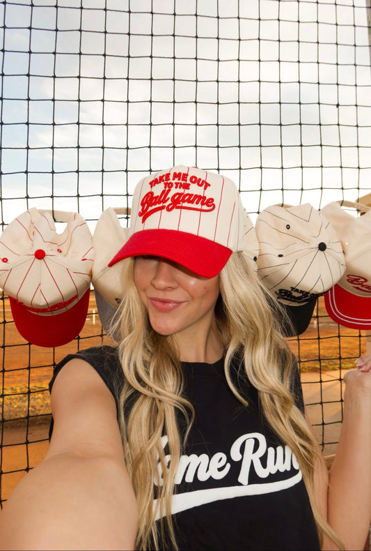 Take Me Out To the Ballgame Red Pinstripe Cap