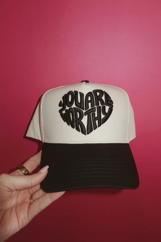 you are worthy heart puff hat