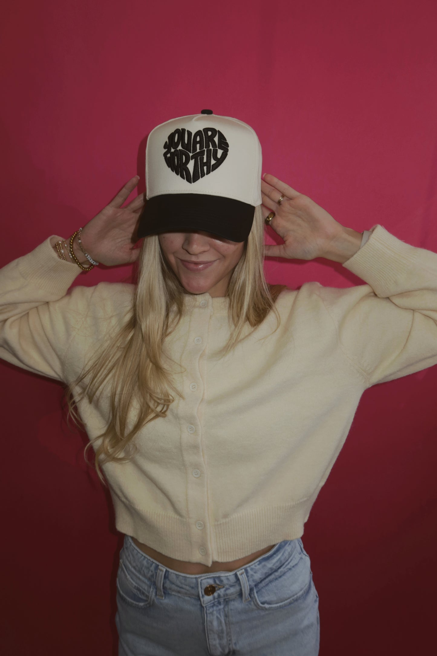 you are worthy heart puff hat